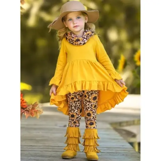 Girls Sunflower Leopard Print Tunic, Legging & Scarf Set - Mia Belle Girls image {4}