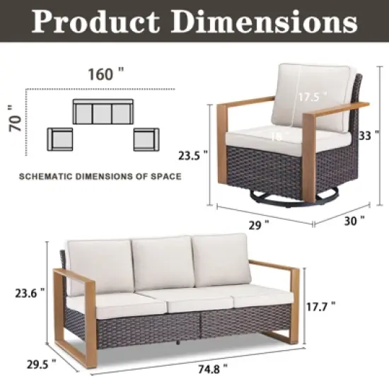 POCASSY 3 Pieces Patio Furniture Set with 3-Seater Sofa and 2 Swivel Glider Rocking Chairs, All Weather Wicker Outdoor Conversation Set with Metal Arm image {6}