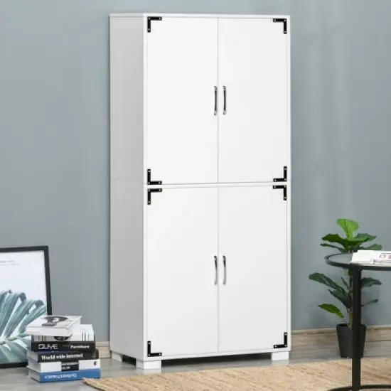 Gulches Industrial Farmhouse Style Freestanding Kitchen Pantry Cabinet - 4-Door Cupboard with Storage Shelves, White 29.5"W x 13.75"D x 63"H image {1}