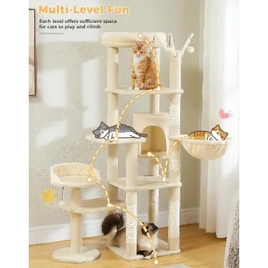 QuestaPack 59" Cat Tree, Tall Cat Tree for Large Cat, Multi-Level Cat Tower with 3 Removable Pompom Sticks image {6}