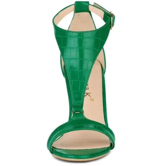 Allegra K Women's T Strap Croc Embossed Stiletto Heel Sandals image {2}