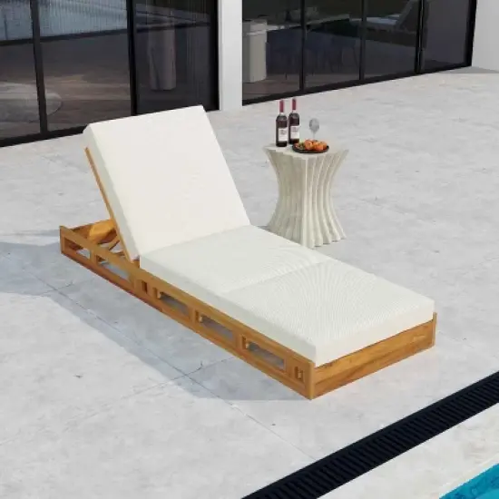 Outdoor Chaise Lounge Set, Chaise Lounge with Adjustable Backrest and Triple-Fold Cushion, Acacia Wood Frame Chaise Lounge-Coolbibila image {1}