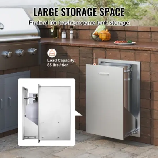 VEVOR Pull Out Trash Drawer 19.7W x 26.5H Inch Outdoor Kitchen Drawers Stainless Steel with Trash Bag Ring for BBQ Island or Grill Station, Silver image {3}