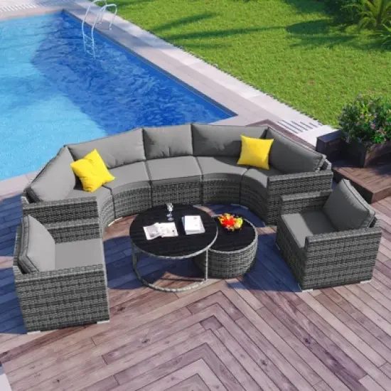 FIONECA 9-Piece Half-Moon Patio Sofa Set, Outdoor Round Wicker Sectional with Coffee Tables & Cushions, Gray image {14}