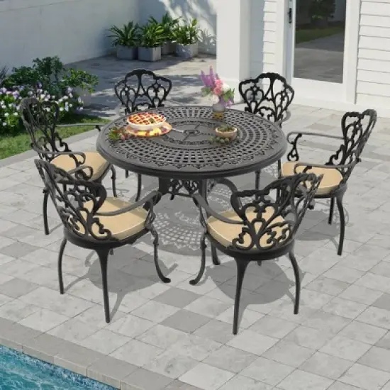 7-Piece Cast Aluminum Outdoor Dining Set with Beige Cushions, Round Table & Ergonomic Chairs - for Patio, Backyard image {9}