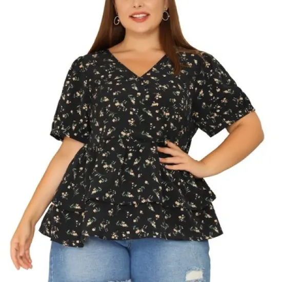 Agnes Orinda Women's Plus Size Blouse Floral Layered Flare Hem Casual Peplum Tops image {7}