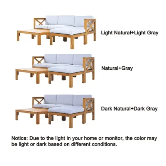 FIONECA 5-Piece Outdoor Wooden Sectional Sofa Set with Cushions &uml;C Natural Finish Frame & Gray Cushions, Patio/Backyard Seating Group image {6}