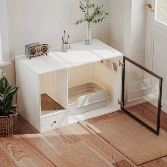 ATJafurn 37.4 " Hidden Cat Litter Box Cabinet with Magnetic Light Strip and Drawer, Modern Furniture Style Kitty Cat Cabinet for Apartment image {3}