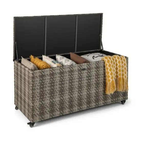 WELLFOR 96gal Outdoor PE Wicker Storage Box with 4 Wheels for Gardening Tools Gray image {8}
