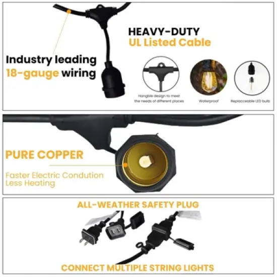 Itopfox Outdoor String Lights with 32 Antique LED Bulbs, IP65 Waterproof Hanging Cafe Market Lighting, Dimmable Warm White 2700K image {4}