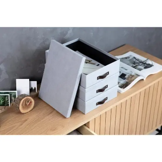 Bigso Oskar Canvas Fiberboard Document Letter Box - File Organizer Box for Paperwork with Handle - Document Storage - 3 Pack - Blue image {6}