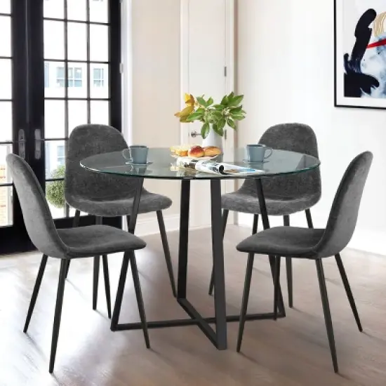 Hana + Spoon 5-Piece Round Clear Glass Dining Table Set with 4 Upholstered Chairs Black Legs for Home Kitchen Restaurant -The Pop Maison image {12}