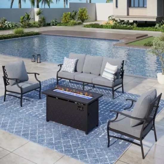 Captiva Designs 4pc Metal Patio Outdoor Conversation Fire Pit Set with Grid-back Armchairs for Garden, Poolside, Backyard image {10}