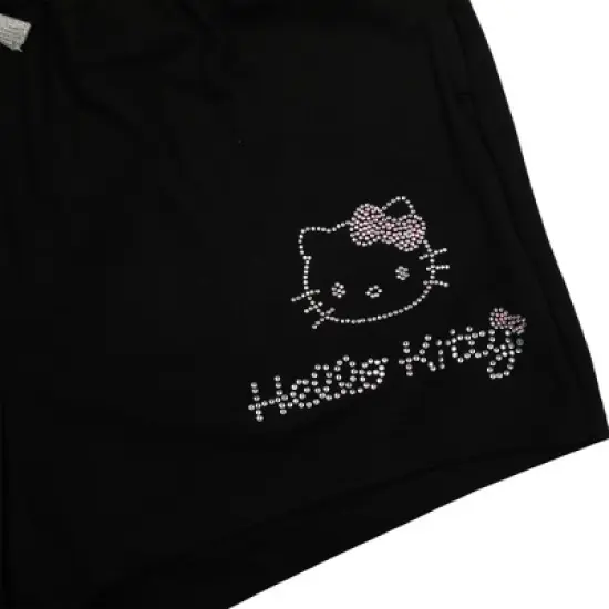 Hello Kitty Rhinestone Face Outline Art Women's Black Sweat Shorts image {2}