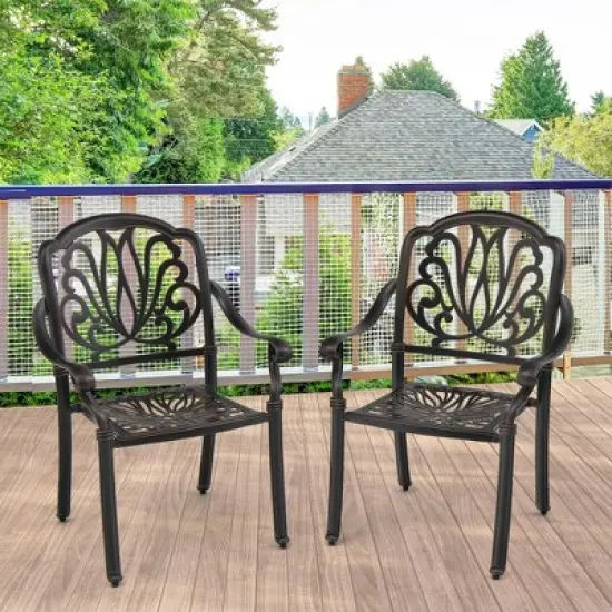 Tangkula 2 Pieces Cast Aluminum Chairs Set of 2 Stackable Patio Dining Chairs w/ Armrests image {9}