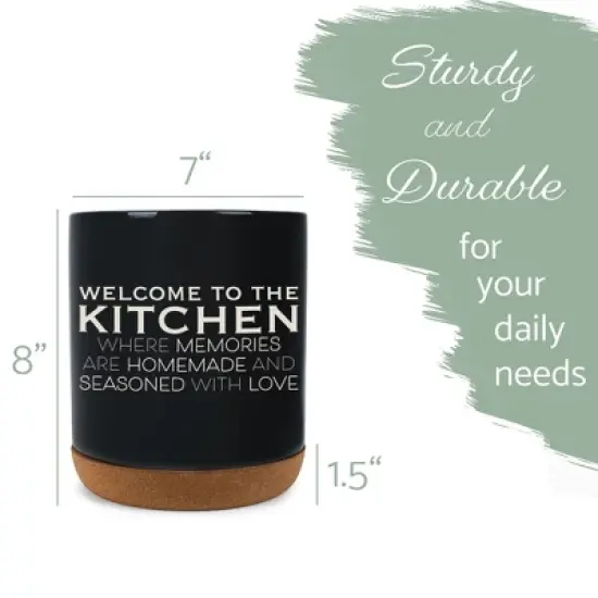 Elanze Designs Welcome to the Kitchen Ceramic Cork Bottom Black Large Capacity Utensil Holder Crock for Countertop Storage, Stylish & Durable for image {1}