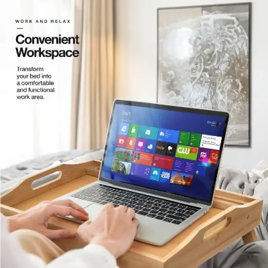 2 Pack Bamboo Bed Tray with Folding Legs, Device Holder, and Handles - 15.75" x 12" x 8.75", Perfect for Laptops, Meals, and Drinks Homeitusa image {3}