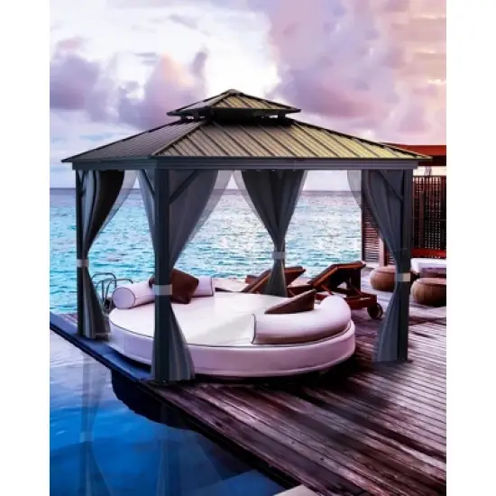 12'x12' hardtop gazebo for all weather with double metal roof, aluminum alloy frame, net, and curtain; perfect for patio, deck, and backyard. Gray. image {1}