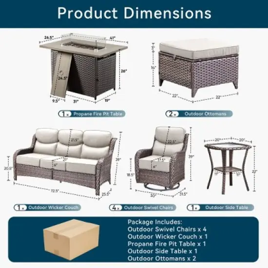 Gymojoy 10 Pieces Outdoor 6 Inch Sofa Swivel Chair Ottoman with Fire Pit Table image {2}