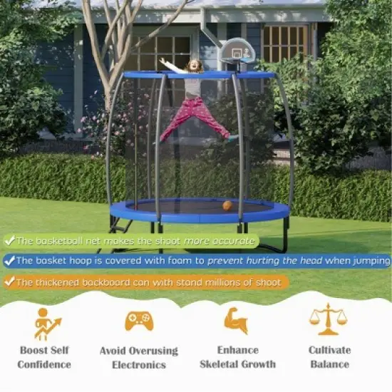 Costway 8 FT Recreational Trampoline W/ Basketball Hoop Safety Enclosure Net Ladder image {2}