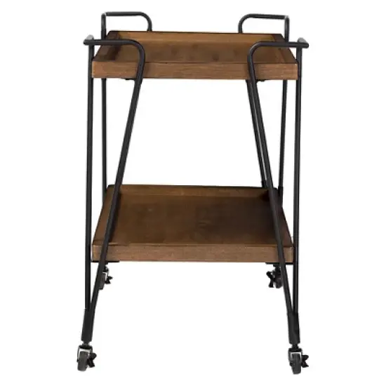 Jessica Rustic Industrial Style Textured Finish Metal Distressed Ash Wood Mobile Serving Bar Cart - Black & Brown - Baxton Studio image {2}