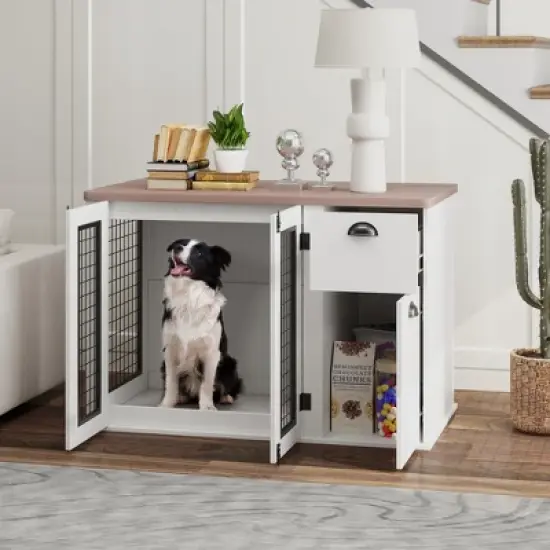 PawHut Furniture Dog Crate, 44" Dog Kennel Furniture End Table with Double Door, Storage & Drawer, Dog Crate Furniture for Medium Dogs, White image {2}