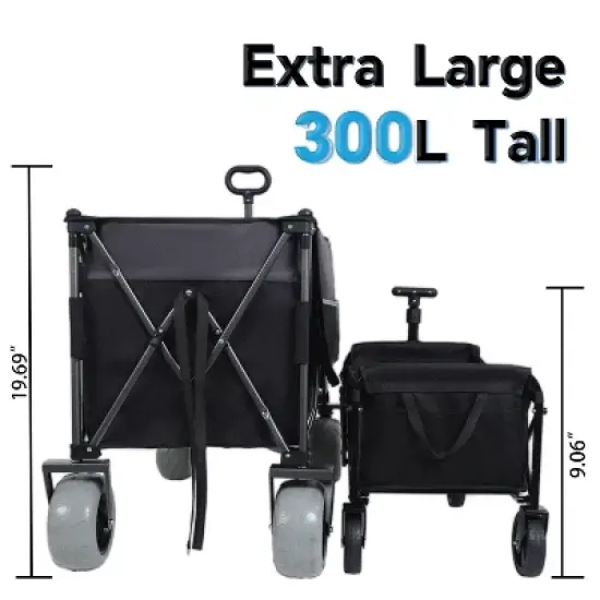Gulches 300L XL Heavy-Duty Folding Wagon Cart, Black/Gray, 480 lbs Capacity, 9" x 4" All-Terrain Balloon Wheels image {5}
