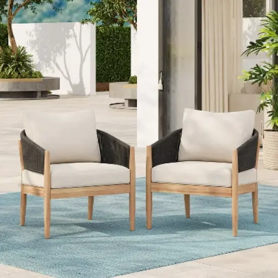 Christopher Knight Home Ryoma Modern Patio Acacia Wood Woven Rope Club Chair with Cushions (Set of 2) image {9}