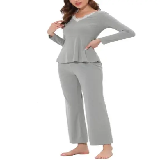 cheibear Womens Sleepwear Lounge Ribbed Knit Peplum Tops with Lace Long Sleeve Pajamas Set image {6}