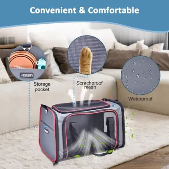 GOOPAWS Soft-Sided Travel Small Dog & Cat Carrier Bag, Gray/Red image {4}