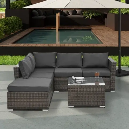 Patio Furniture, Outdoor Furniture, Seasonal PE Wicker Furniture, 4 Set Wicker Furniture With Tempered Glass Coffee Table image {2}