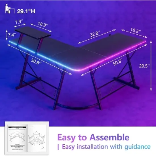 Mr Ironstone Gaming Desk with LED Lights, L Shaped Desk Corner with Cup Holder & Headphone Hook, Computer Desk Home Office Desks with Monitor Stand image {2}