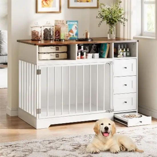 48'' Dog Crate Furniture, Farmhouse Dog Kennel Furniture with Dog Bowl & Storage Drawers image {10}