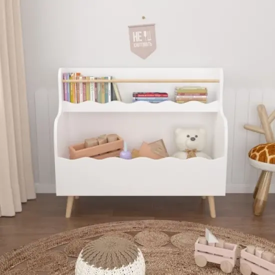 KWPZQEB Wooden Kids Bookshelf 2-Tier, Montessori Bookshelf with Legs, Scalloped Book Shelf for Bedroom Playroom Living Room, White image {4}