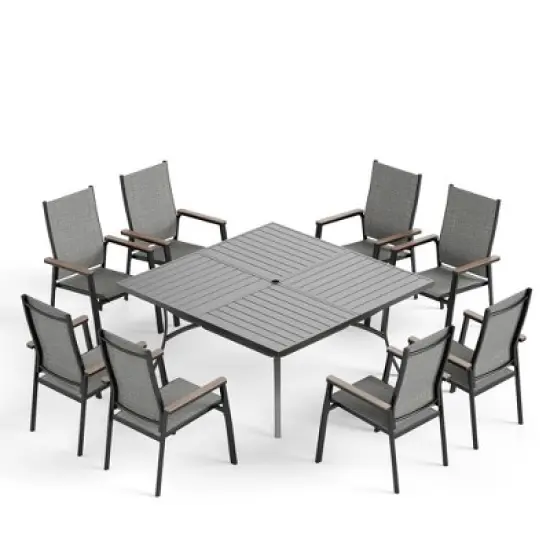 Captiva Designs 9pc Patio Slat-top Square Metal Dining Table & Stackable Textilene Aluminum Chairs image {17}