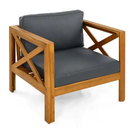 FIONECA Patio Conversation Set, 2 Acacia Wood Armchairs with Dark Grey Cushions & Side Table, Outdoor Leisure Set for Backyard, Lawn, Balcony image {9}