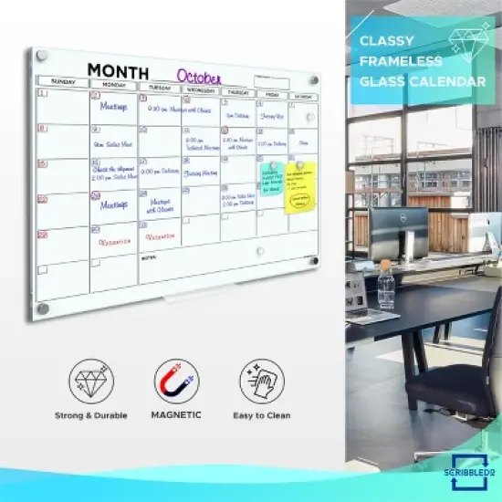 SCRIBBLEDO Magnetic Glass Calendar 24"x36" Monthly Dry Erase Planner with Marker Tray image {6}