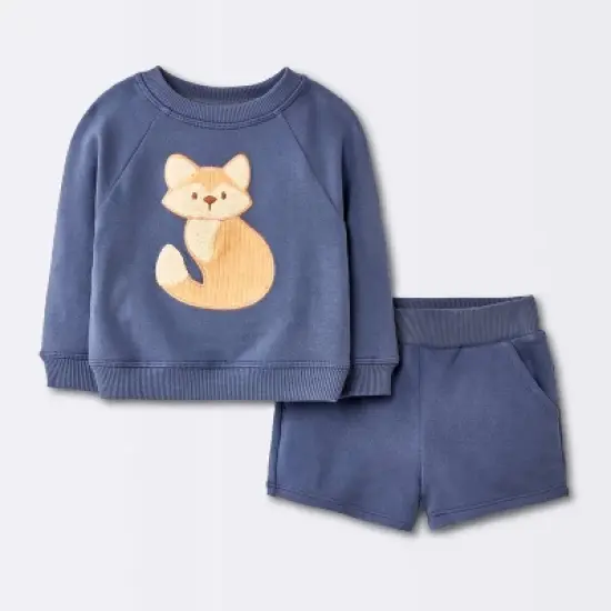 Baby Boys' 2pc Fox Applique Sweatshirt & Shorts Set - Cloud Island&trade; Navy Blue image {4}