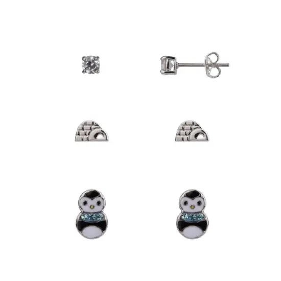 FAO Schwarz Holiday Crystal Stone, Igloo and Penguin Stud Trio Earring Set image {1}