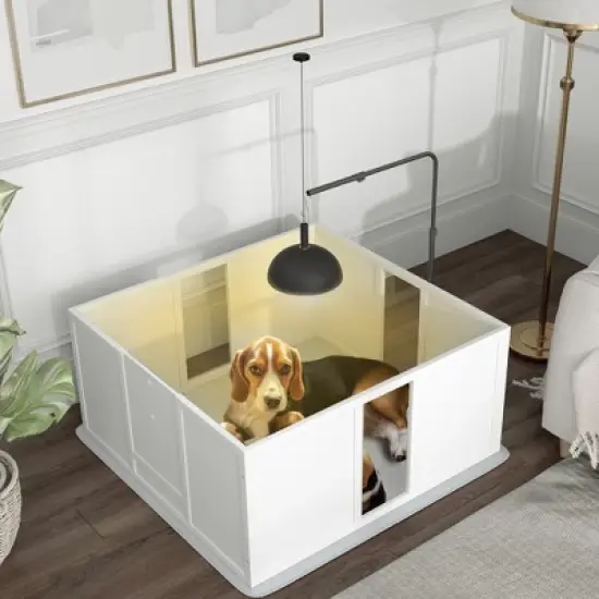 PawHut Whelping Box for Dogs with Retractable Light Stand, Washable Waterproof Pee Pad & Adjustable Door for Medium to Small Dogs image {2}