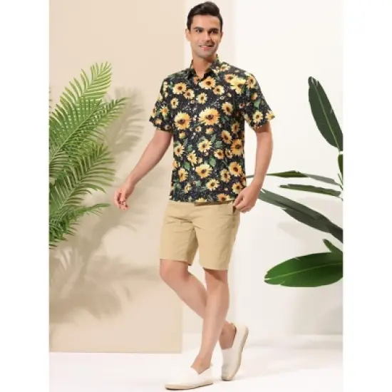 Lars Amadeus Men's Sunflower Printed Short Sleeve Button Down Hawaiian Floral Shirt image {3}