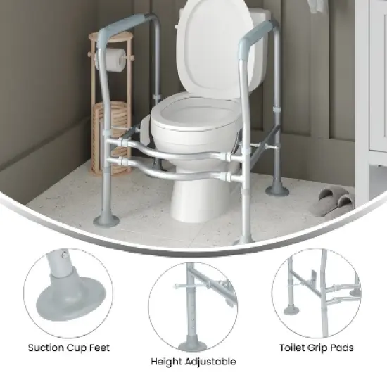 Emma and Oliver Ramsey Toilet Safety Rail for the Elderly with Height Adjustable Silver Steel Frame, Gray Padded Handles and Suction Cup Feet image {9}