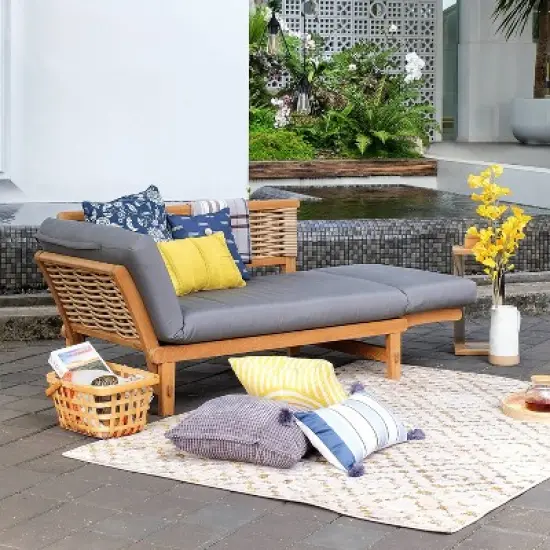 Cambridge Casual Auburn Teak & Wicker Outdoor Patio Daybed with Cushion Brown/Blue image {3}