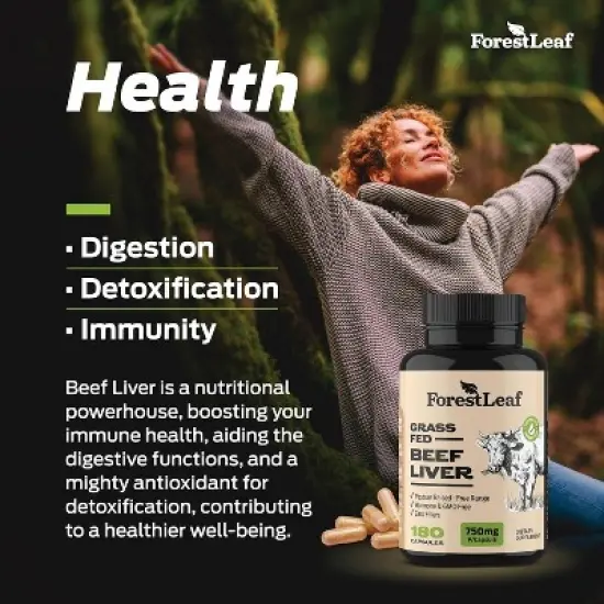 Forest Leaf Grass Fed Beef Liver Capsules, 3000mg Per Serving, Supports Full Immunity & Body Wellness, Freeze Dried Beef Liver Supplement - 180 Caps image {6}