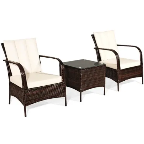 Tangkula 3PCS Patio Outdoor Rattan Conversation Set Furniture Set w/ Table Cushions image {9}