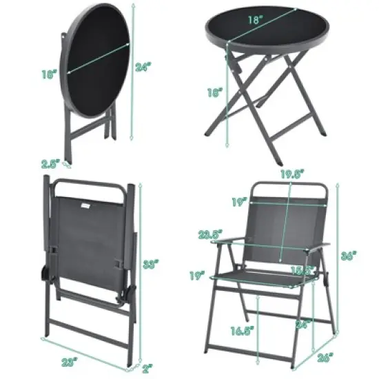 Costway 3PCS Outdoor Bistro Set Folding Table and Chairs Garden Deck Black image {8}