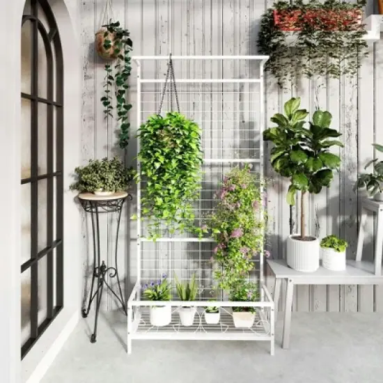 Resenkos Garden Arch Plant Support Trellis,Metal Tall Plant Stand with Trellis and Hanging Bar, 35" x 12.8" x 74", White image {4}