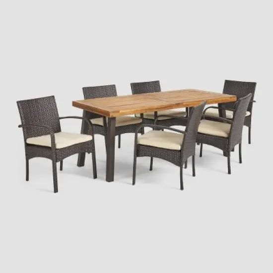 Bavaro 7pc Rectangle All-Weather Wicker and Wood Patio Dining Set - Brown/Cream - Christopher Knight Home image {1}