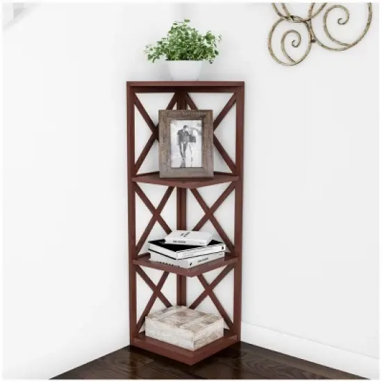 Hastings Home 4-Shelf Criss-Cross Style Corner Bookcase - Brown image {1}