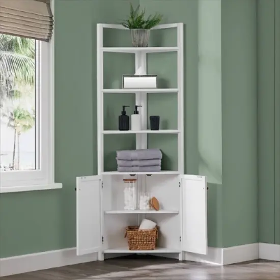 Dover Corner Storage Cabinet with Two Doors and Open Shelving White - Alaterre Furniture image {2}